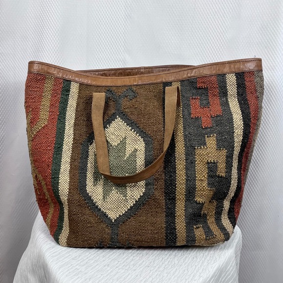 Boho Woven Jute Leather Oversized Bag Aztec Western (tru) - Picture 8 of 8